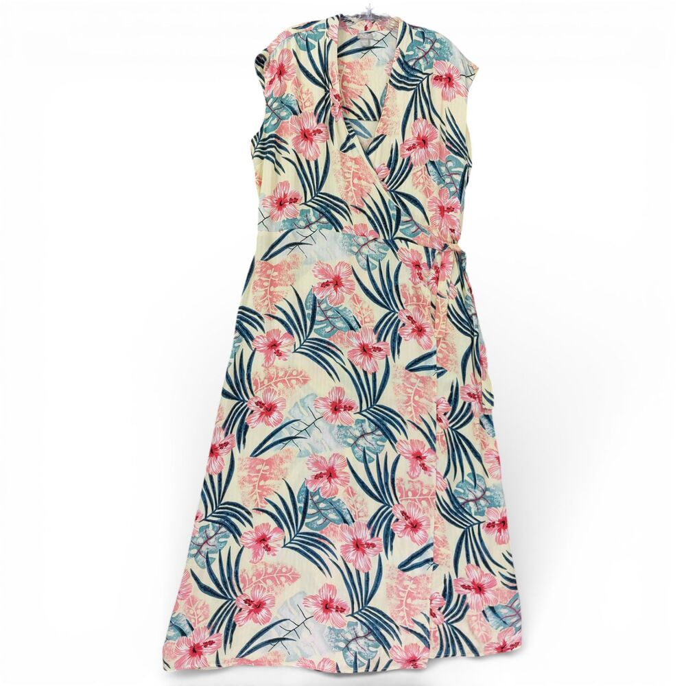 Hilo Hattie Hula Doll Hawaii Floral Wrap Dress Sz L 100% Rayon Tropical Midi